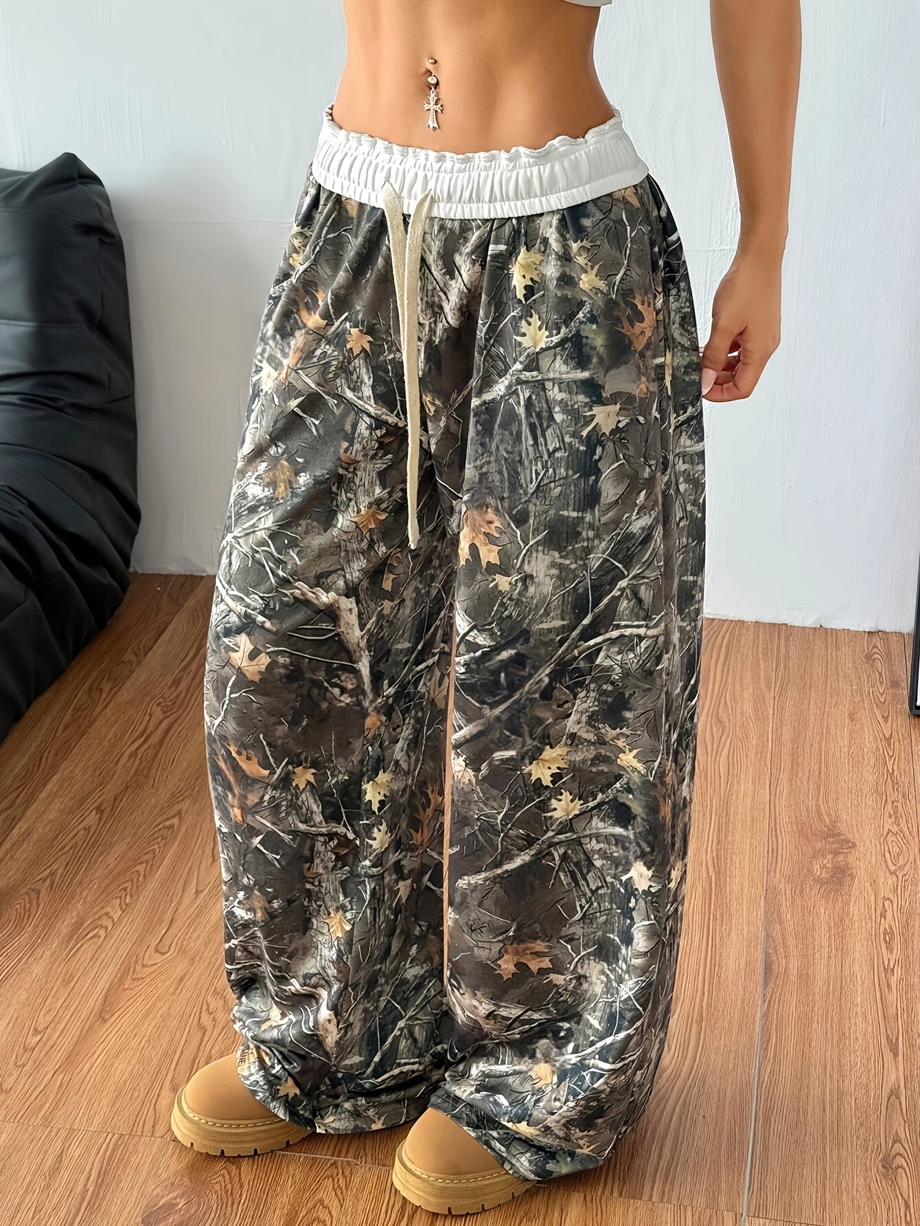 Women's Autumn and Winter Back-to-School Basic Knitted Camouflage Elastic Comfortable Military Green Wide-Leg Sports Pants